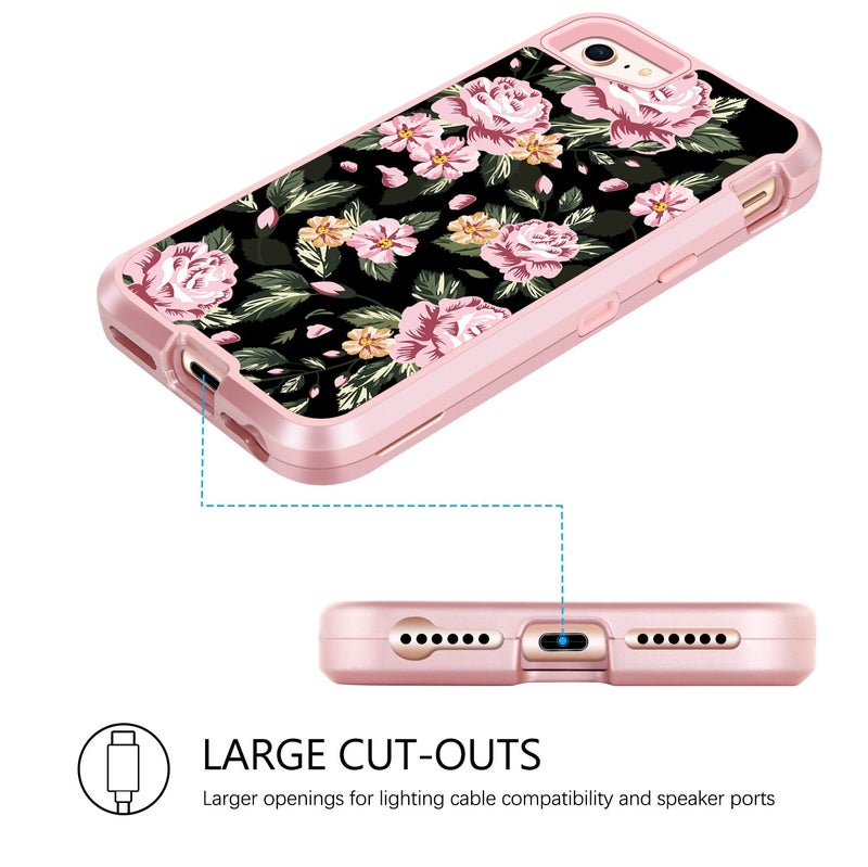 GUAGUA iPhone 8 Case iPhone 7 Case Three Layer Hybrid Hard PC Cover Soft Bumper High Impact ResistantAnti-Slip Protective Phone Case for iPhone 8/7 Floral/Rose Gold - Image 5